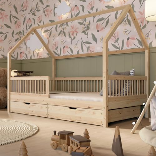 Crazy Pine Hussäng med lådor 90x200 cm – Montessori-säng i naturträ med fallskydd, extra förvaringsutrymme och avtagbar barriär – Crazy Polly