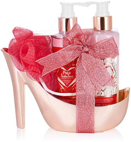 BRUBAKER Cosmetics - Coffret de bain & beauté de luxe - Framboise/Champagne - 4 Pièces - Escarpin décoratif - Or rose - Idée cadeau Femme