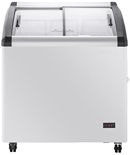 Duura Commercial Mobile Ice Cream Display Chest Freezer Sub Zero Temp Curved Glass Top Frost Free Lid with 3 Wire Baskets, 31.5 Inch Wide 4.87 Cubic Feet, White