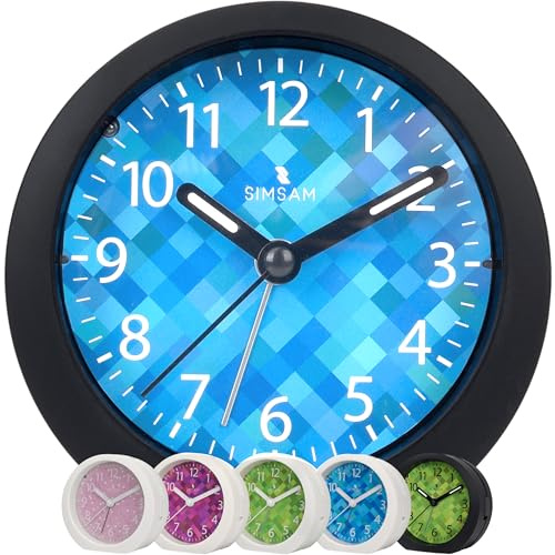 SIMSAM Despertador infantil para niños y niños, sin tictac para principiantes, para escolarización, despertador analógico con 24 melodías, batería, color negro y azul claro