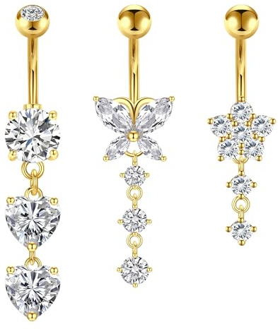 Crdifu 3pz Barra ombelicale 10mm Oro 14G Anello ombelicale Acciaio chirurgico Farfalla Cuore Fiore con ciondolo Piercing pancia Gioielli