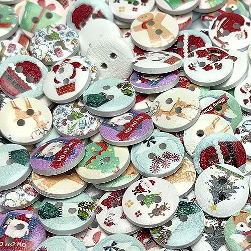 Libiline 100pcs 20mm(3/4) Christmas Wood Buttons 4 Holes Craft Clothes Sewing Button Santa Tree Claus Snowflake Deer Jinglebell