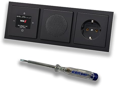Busch Jäger DAB+ (DAB PLUS) Unterputz Radio 8215U-101 Future SCHWARZ MATT, Komplett-Set mit Lautsprecher, Abdeckungen, Steckdose, Rahmen + EBROM Phasenprüfer zur Montage d. Geräte - 8215U
