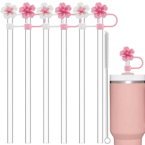 ALINK 12 Pack wiederverwendbare Strohhalme und Abdeckungen für 40 oz Stanley Adventure Travel Tumbler Cup, Kompatibel mit 40oz 30oz 20oz 14oz Stanley Wasserkrug-Sakura