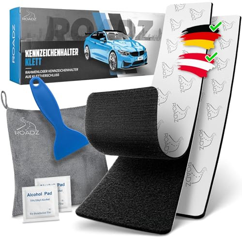 ROADZ® Kennzeichenhalter Klett - BOMBENFESTER Halt - Kennzeichenhalter Rahmenlos - wetterfest für PKW 2er-Set - unsichtbare Nummernschildhalterung für 1 Fahrzeug - Nummernschildhalterung Auto (XL)