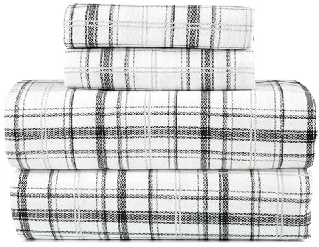 Lodge & Linen Flannel Sheets King Size Rich Cotton -High GSM Flannel Bed Sheet Deep Pockets - Warm & Cozy Flannel Sheet Set for All Seasons (Plaid Black)