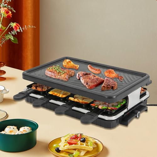 Raclette Grill - Parrilla eléctrica de mesa con 8 sartenes mini raclette, 1300 W, 2 niveles, parrilla con sartenes y espátula de madera