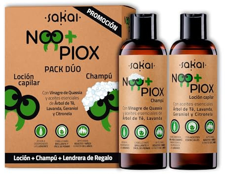 Noo+Piox Loción+Champú– Antipiojos+ Champu piojos y liendres- Protección completa con Árbol del te, Lavanda, Geraniol y Citronela- Con 3 gorros+ liendrera piojos (Pack Loción+Champú, 2, unidad)