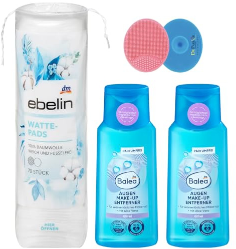 Balea Lot de 3 – 2 x Démaquillant pour les yeux sans huile 100 ml & 1 x coton-timbre 70 pièces + éponge en silicone bonus