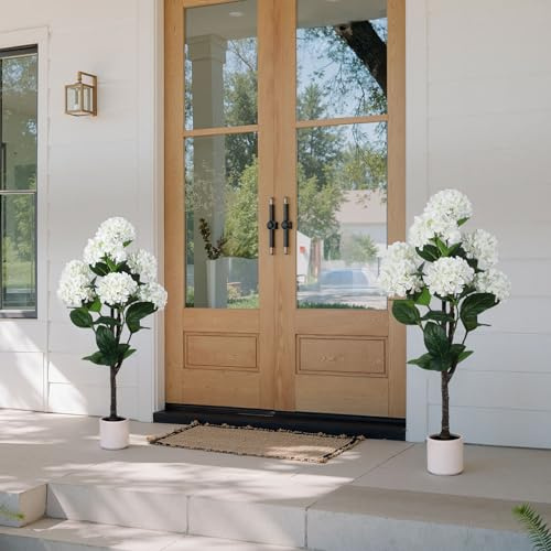 YEPDIN Set of 2 Artificial Hydrangea Tree 4 ft- Large Faux Hydrangea Plants Indoor Outdoor，Fake Flower Trees with White Tall Planter for Home Garden,Front Decor