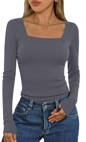 Aottori Camiseta Mujer Manga Larga Ideal como Capa Base con Cuello Cuadrado | Punto Acanalado, Corte Ajustado, Tejido Elástico, Tejido Ligero, Estilo Casual, Estilo Elegante