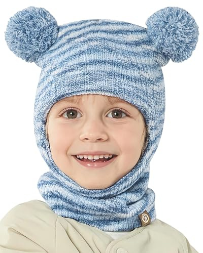 KAKU NANU Gorro De Punto para Niño con Pasamontañas,Pompones Y Orejeras para Niños Y Niñas De 2 A 8 Años