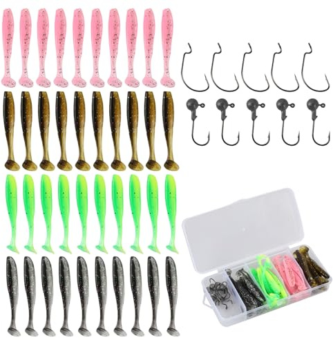 50PCS Esche da Pesca con Teste Jig e Pesciolini in Gomma, Set di Wobbler per Acqua dolce e Salata, Esche per Lucioperca e Wobbler per Trota, Set di Esche da Pesca Versatile per Luccio, Persico e Lucio