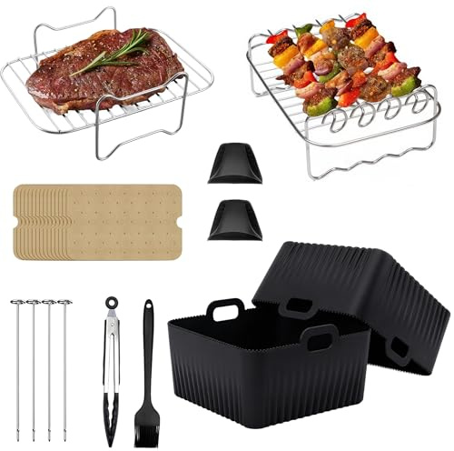 NEW LEADER Air Fryer Accessories Set 13 pcs for Air Fryer AF300UK AF400UK | 7.6L-9.5L Dual Basket Air Fryers, Large Silicone Liners, Grill Racks, Skewers, Tongs, Gloves and Oil Brush