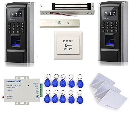MENGQI-CONTROL Tracking in and Out Biometric Fingerprint/RFID/PIN Access Control System with 600LBS Force Electric Magnetic Lock + 110-240V Power Supply+RFID Cards+ Keyfobs+Exit Button