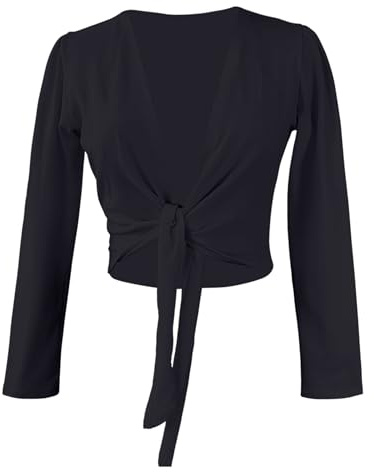 Daydance Black Women Bolero Shrug Cropped Cotton V-Neck Ballet Wrap Top for Leotards, Long Sleeve