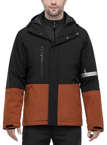 33,000ft Herren Skijacke Wasserdichte Winddichte Warme Outdoorjacke Winterjacke Funktionsjacke Atmungsaktive Snowboardjacke Softshell Jacke mit Kapuze, Schwarz+Ingwer XXL