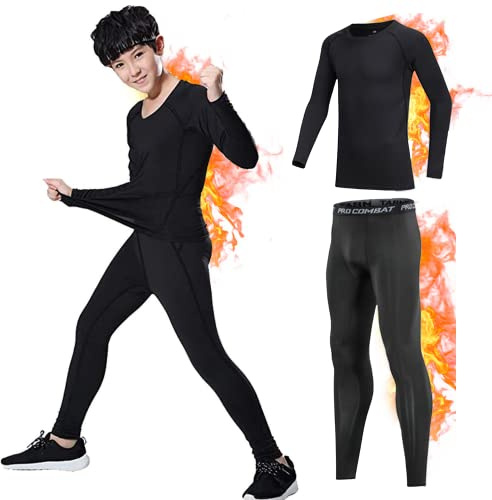 CheChury Ensembles Thermiques Garçon sous-Vêtement Thermique Garçon Base Layer sous-Vêtements Fille Haut à Manches Longues + Long Culotte Sport Respirants Thermiques Ensemble Enfant Ski Football,24
