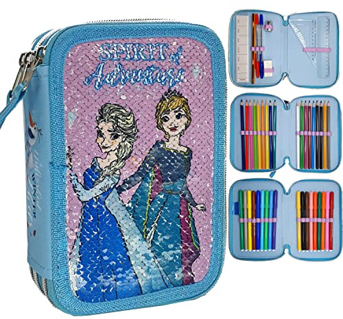Goldkids Frozen Eiskönigin Anna ELSA Olaf XXL Pailletten Federtasche Federmappe Federmäppchen Schüleretui Federtasche Federpenal Schülmäppchen 44-teilig gefüllt