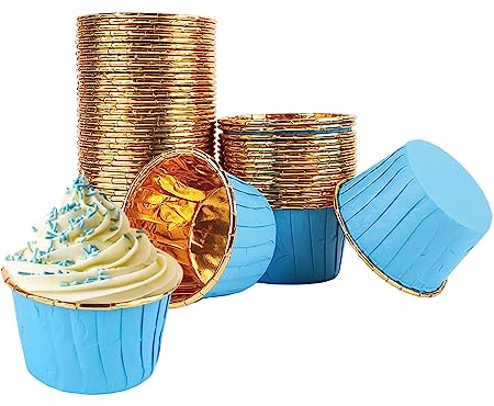 Encuryna 100 stycken pappersmuffinsformar, engångsaluminiumfolie pappersbakformar cupcake liners, cupcake-formar för muffin tårta pudding dessert party bröllop födelsedag dekor (4# blå)