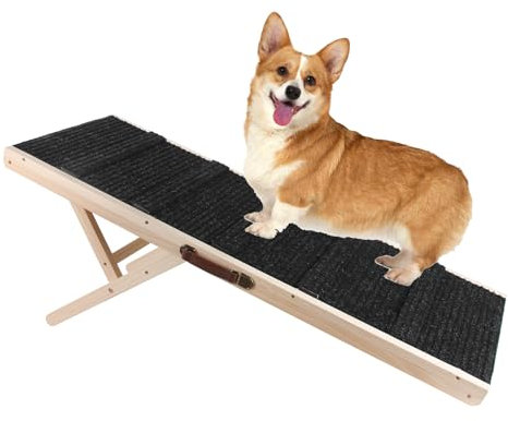 BommJokker Hunderampe Länge 95cm Einstellbar 30-55cm Höhe des 7 Gangs Hundetreppe für Bett oder Sofa aus Holz Katzen Rampe Hundeleiter Auffahrrampe für Haustiere mit Anti-rutsch max80kg Sicher (S)