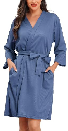 Lovasy Albornoces De Casa Mujer Manga 3/4 Kimono Waffle Albornoz para Mujer Nido Abeja Respirable Ropa De Dormir Con Cinturón Y Bolsillos,Azul,M