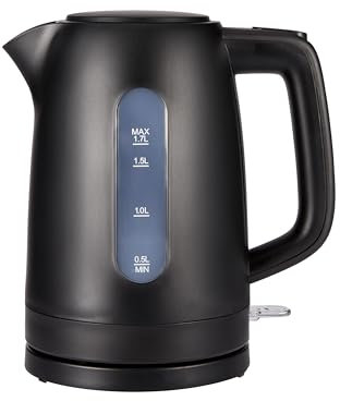 Amazon Basics Bollitore Elettrico 1,7L, 2200 W, Senza BPA con Base a 360°, Spegnimento Automatico e Filtro Anticalcare Estraibile, Nero Opaco