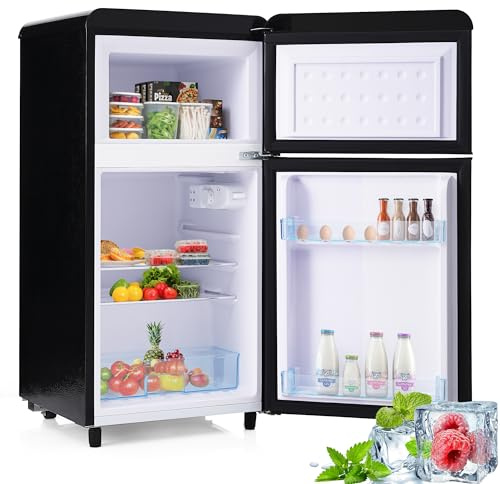 Merax Kühlschrank mit Gefrierfach, Kühl-Gefrierkombination, 72 Liter Doppeltür-Kühlschrank mit 21L Gefrierschrank, 39dB, LED, Glasablagen, Gemüsefach, Türablagen, für Küche, Wohnzimmer, Büro, Schwarz