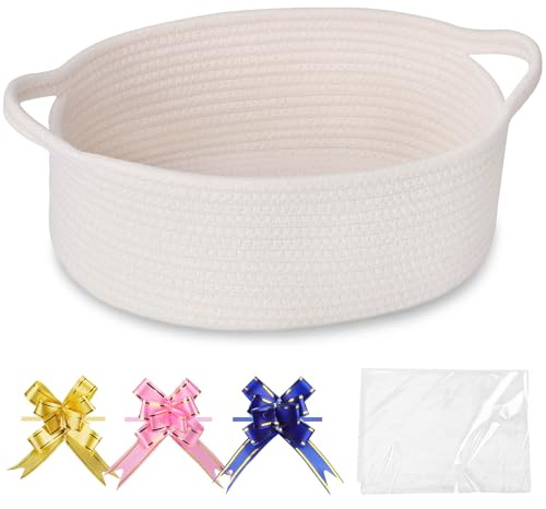 Comse - Cestino piccolo intrecciato con sacchetti regalo e nastri, cestino regalo vuoto, organizer per cameretta per giocattoli per neonati, corda di cotone, 30,5 x 20 x 13 cm, bianco