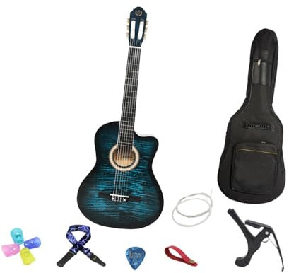 Akustikgitarre, Konzertgitarre, Vintage-Zupfinstrument, Folk-Gitarre, Fichtenholz-Kerbgitarre für Prüfungen, Auftritte, Anfänger, Blau