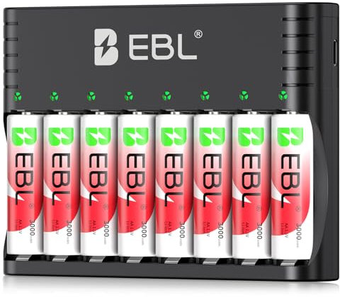 EBL 8 x 3000mWh Pilas Recargables AA 1.5V, Nueva Versión Cargador para 1.2V/1.5V NiMH/Litio AA AAA, 1600Ciclos Larga Duración, 1,5V Batería Litio Constantes para Cámara de Blink/Vigilancia/Caza