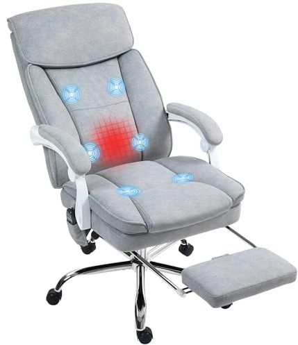 HOMCOM Sedia da Ufficio Massaggiante e Riscaldata, Poltrona da Ufficio Reclinabile con Poggiapiedi Estraibile, Sedia Ergonomica con Altezza Regolabile e Seduta Girevole, Grigio