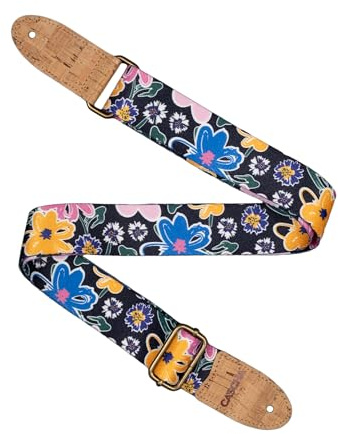 Cascha Gitarrengurt mit Blumenmuster, Veganer Gurt aus Polyester mit Korkenden, Verstellbarer Schultergurt für Gitarre und Ukulele, Marineblau
