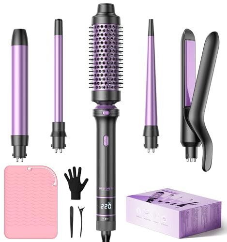 BESTOPE PRO Ferro arricciacapelli, set di ferro arricciacapelli 5 in 1 con piastra, spazzola termica, 3 ferri arricciacapelli in ceramica, 13 temperature, Lilla