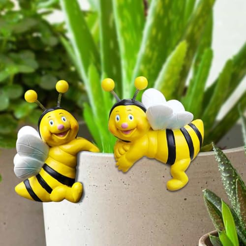 Peelanmall set med 2 bikufigurer, väderbeständig harts trädgårdsdekoration för blomkruka, vårträdgårdsdekoration för utomhus och inomhus, perfekt för terrass, balkong och fönsterbräda