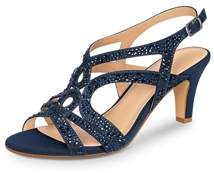 PIZZ ANNU Womens Sandals Sparkly Rhinestones Strappy Kitten Heels Ladies Wedding Shoes for Women Bride Slingback Summer Prom Party Navy Size 5