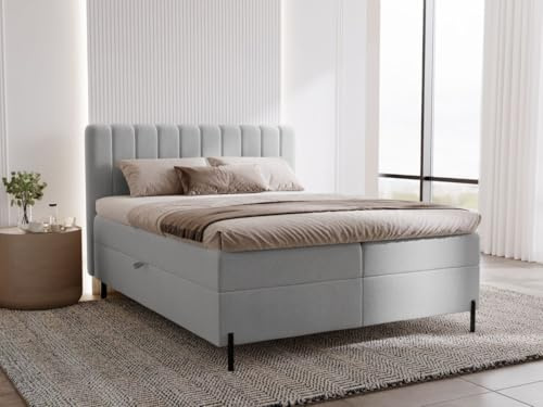 GRAINGOLD Primavera Bett 180x200, Boxspringbett mit Bettkasten, Polsterbett mit Bonell-Matratze, Samt Stoff, mit Topper, mit Kopfteil (Hellgrau, 180x200)