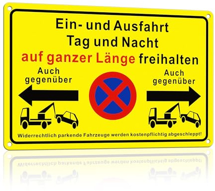 TAKULA Einfahrt Freihalten Schilder Ganze Einfahrt 30x20cm, AUCH GEGENÜBER Doppelwarnung, Tag/Nacht Reflektion + Abschleppdrohung | 1 Stück