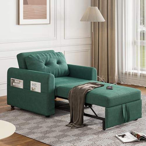 JEFFORDOUTLET Sofa Bed Single, 3-in-1 Convertible Pull Out Sleeper Chair, 1 Seater Sofa Couch with Adjustable Backrest, USB and Side Pockets for Living Room,Guest Room, Apartment, Green