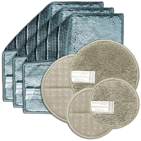 Das blaue Wunder Booster Premium Kombi Set I Reinigungs- und Spültücher + Pads I 7-teilig I Bambusfaser I Aktivkohle I 2 Seiten Reinigungspad für Küche, Bad, Auto, Garten