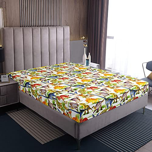 Kinder Dinosaurier Spannbetttuch Bunt Karikatur Dino Spannbettlaken 90x200cm Jungen Mädchen Dinosaurier Bettlaken für Boxspringbett Kinderbett oder Beistellbett Spannbetttuch Microfaser Super weich