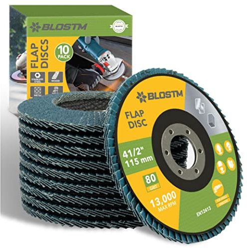 BLOSTM Disco Abrasivo Amoladora 115 mm - 10 Discos Abrasivos, Grano 80 Disco de Láminas para Decapado de Pintura, Eliminación de Óxido, Lijado, Pulido con Madera y Metal - 10 Piezas