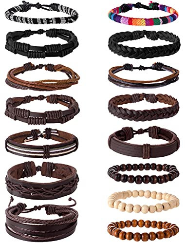 Tornito 15Pcs Braided Leather Bracelet Boho Cuff Wrap Wood Bead String Woven Ethnic Stretch Wristbands Bracelets Set for Men Women Size Adjustable