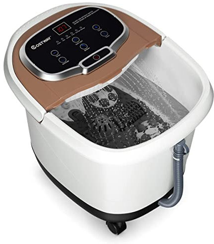 GYMAX Pediluvio Idromassaggio Elettrico con Funzione di temporizzazione, Massaggiatore Piedi con Idromassaggio Plantare e Riscaldamento dell’Acqua, 44x36x36 cm (Marrone)