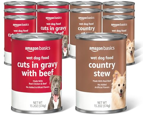 Amazon Basics Wet Dog Food Variety Pack, Country Stew Flavor and Cuts in Gravy with Beef, Made with Natural Ingredients, 13.2oz Cans (Pack of 12)