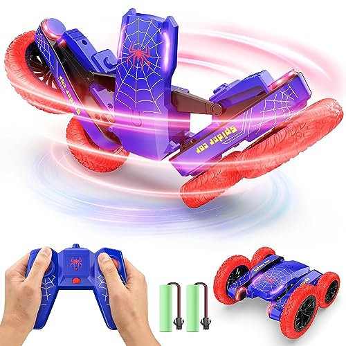 DEERC RC Stunt Car, Double Side Driving, 360° Rotation & Flip, RC Crawler W/LED Lights, 2 Batteries, 4WD 2.4GHz Remote Control Car, All Terrain Race Stunt Toys Gift for Kids Boys Girls Man