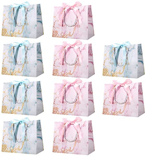 10 Stück Geschenktüten, 25x20x12cm Geschenktasche mit Schleifen Papiertüten mit Henkel Geschenktüten Geburtstag Geschenke Tüten für Kindergeburtstag Taufe Hochzeit Muttertag (Hellblau&Hellrosa)