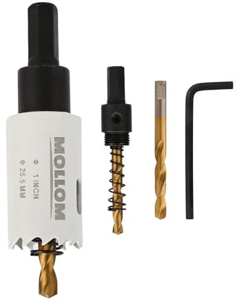 Mollom (25.5mm | 1) HSS M42 con 8% de cobalto,Sierra de Corona Bi-Metal con 2 Brocas Piloto y Arbor para Corte Suave en PVC,Pladur,Madera,Plástico,Yeso,Goma