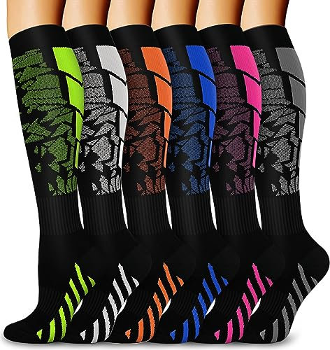 Kompressionsstrümpfe für Herren Damen, 6 Paar Kniestrümpfe Stützstrümpfe Kompressionssocken für Sport, Flug, Laufen, Reisen, Radsport