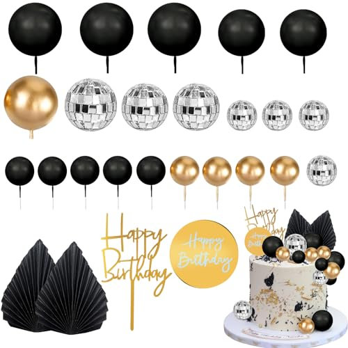 Morofme Tortendeko Kugeln 25 Stück, Schwarz Gold Kugeln Cake Topper, DiscoKugel Tortendeko, Palm Leaves Boho Kuchen Dekorationen für Hochzeit Party, Jungen Mädchen Geburtstag Deko